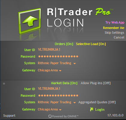 R|Trader Pro login configured for Rithmic Paper Trading